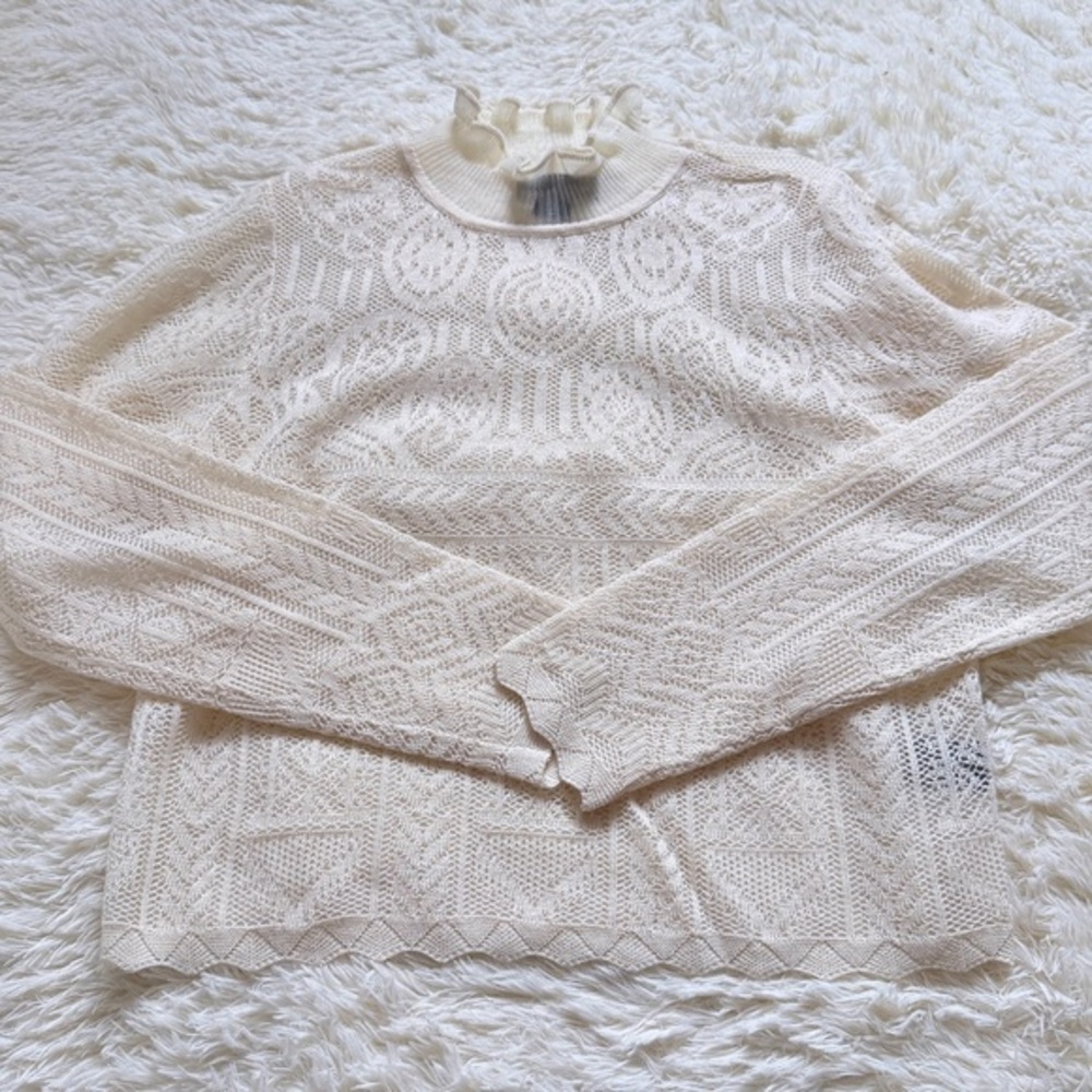 House of Harlow 1960 Cream Sheer Knit Top with Ruffle Neck